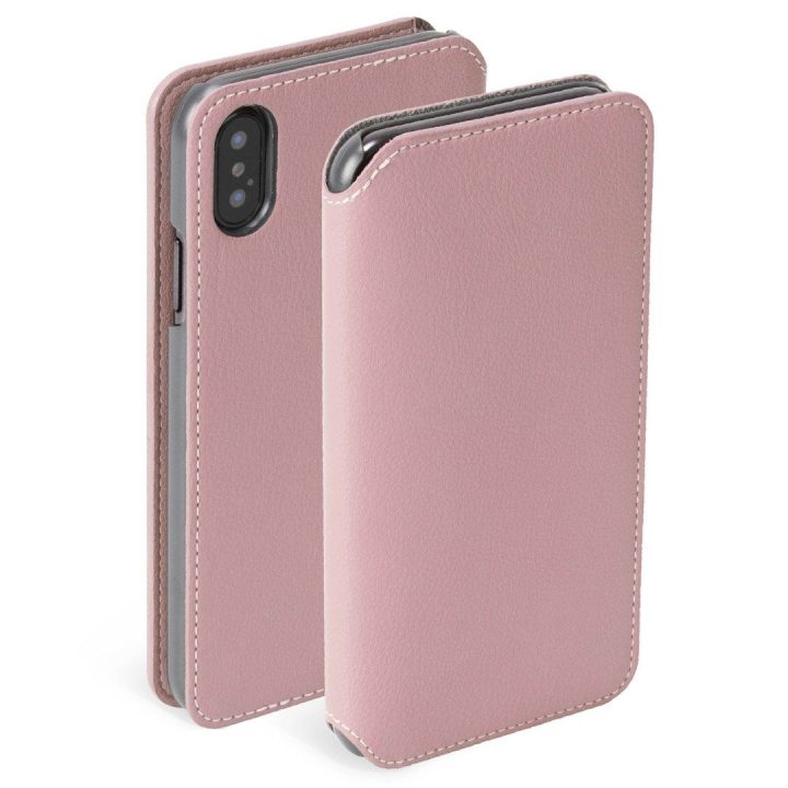 Rožinis folio dėklas iPhone Xs Max telefonui su 4 kortelių vietomis