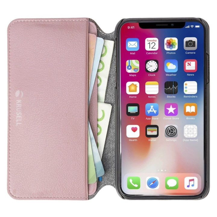 Rožinis folio dėklas iPhone Xs Max telefonui su 4 kortelių vietomis