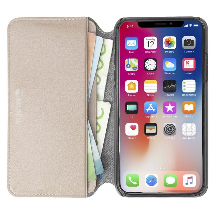Rusvai gelsvas „Folio“ telefono dėklas Apple iPhone Xs Max, 4 kortelės