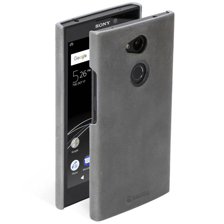 Pilkas odinis telefono dėklas Sony Xperia L2