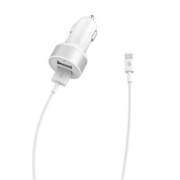 Baltas automobilinis įkroviklis su „Lightning“ laidu, 2x USB, 2,4 A