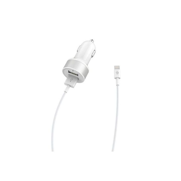 Baltas automobilinis įkroviklis su „Lightning“ laidu, 2x USB, 2,4 A