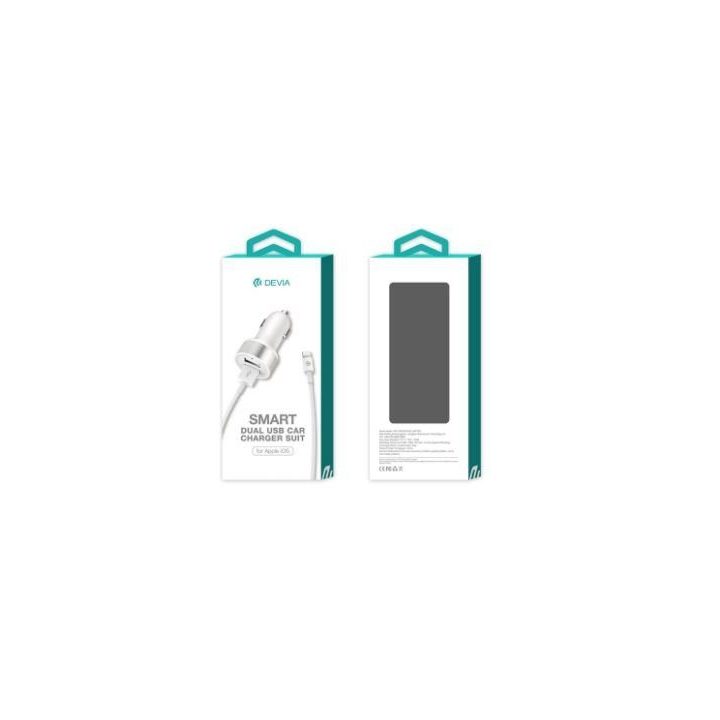Baltas automobilinis įkroviklis su „Lightning“ laidu, 2x USB, 2,4 A