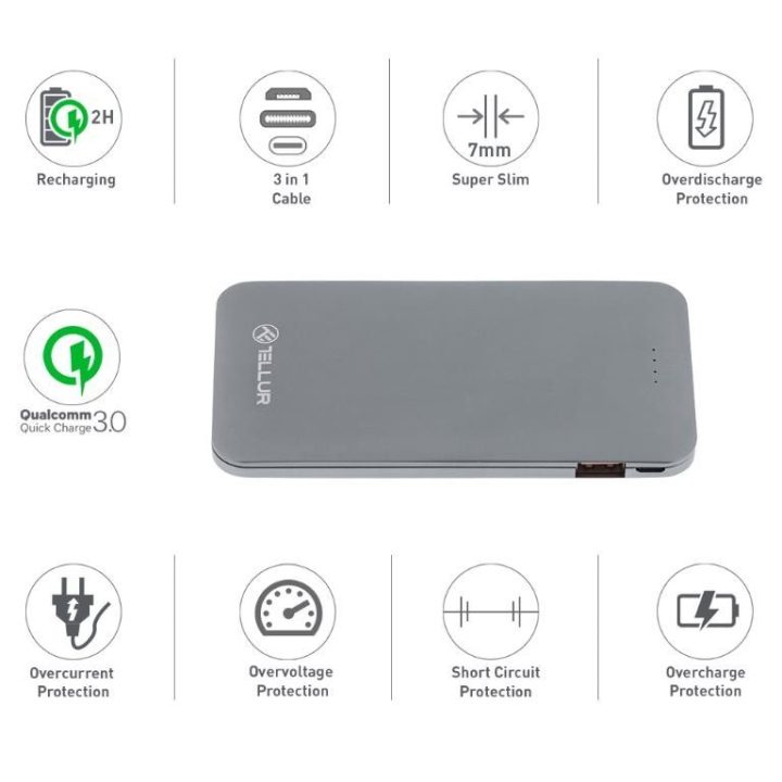 Pilkas 5000 mAh QC 3.0 powerbankas su 3in1 laidu
