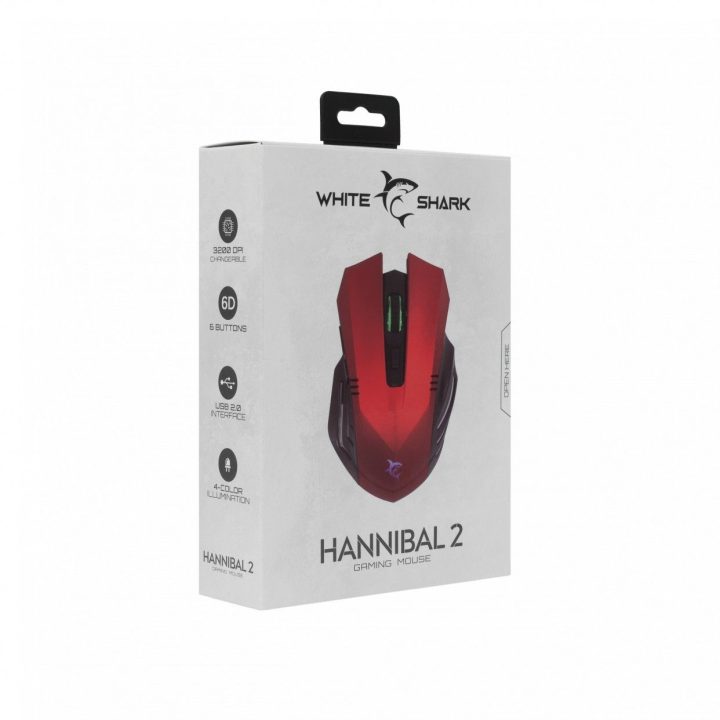 White Shark Hannibal-2 žaidimų pelė, raudona, 3200 DPI