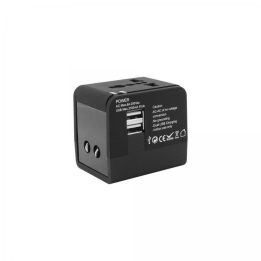 Universalus kelioninis adapteris su dvigubu USB įkrovikliu, juodas