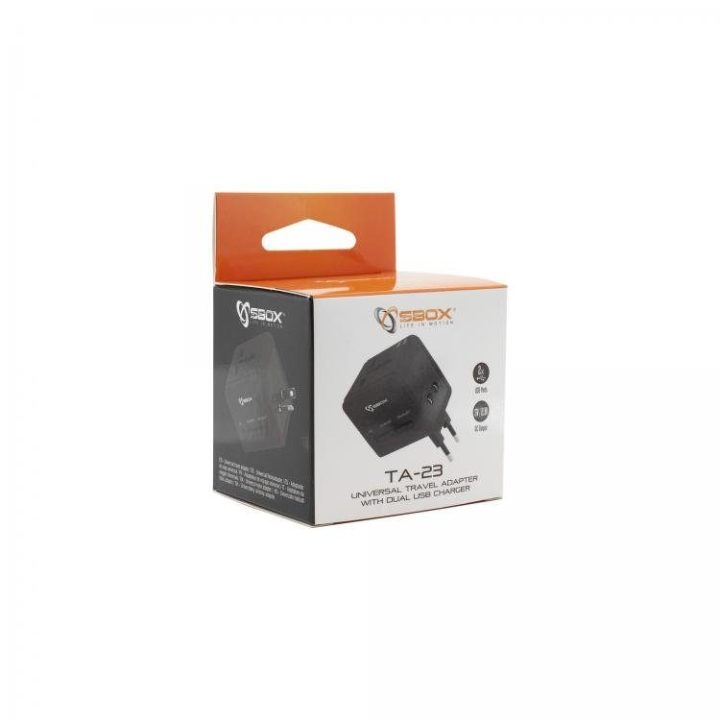 Universalus kelioninis adapteris su dvigubu USB įkrovikliu, juodas