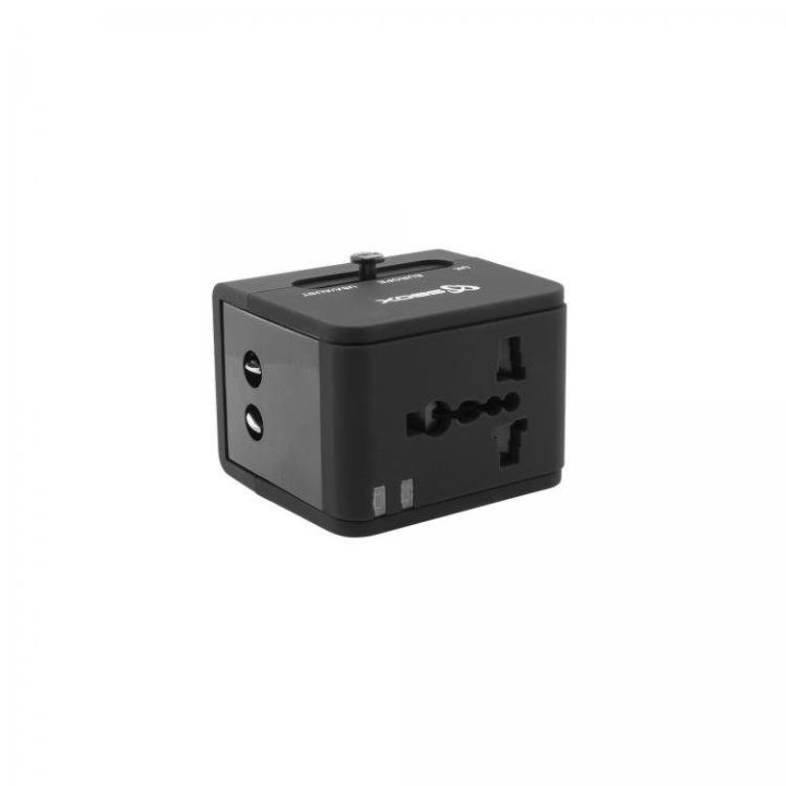 Universalus kelioninis adapteris su dvigubu USB įkrovikliu, juodas