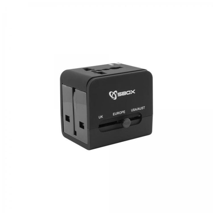 Universalus kelioninis adapteris su dvigubu USB įkrovikliu, juodas
