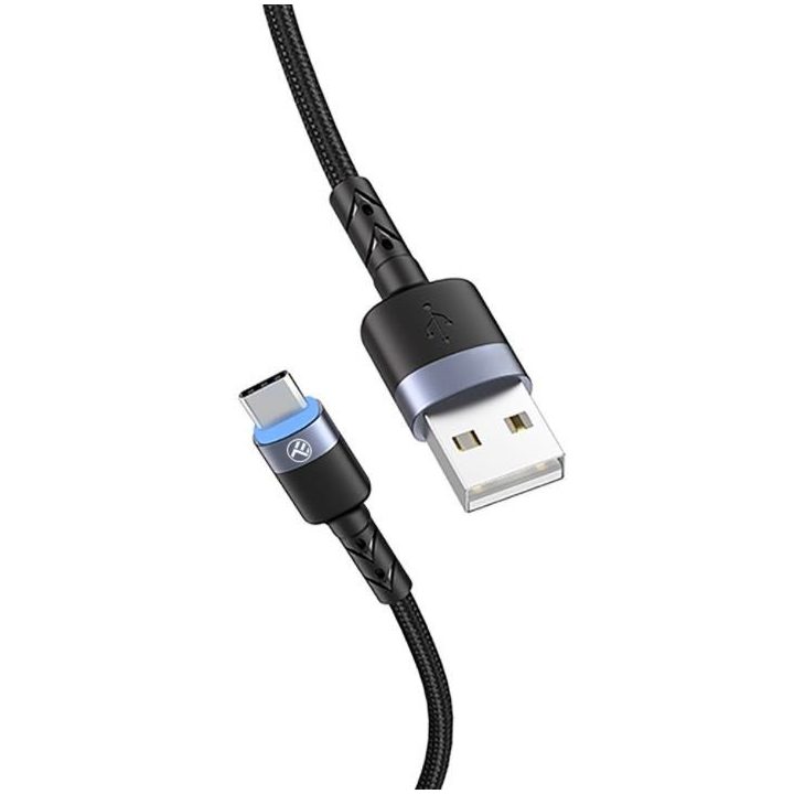 USB-A į USB-C LED įkrovimo ir duomenų kabelis, 1,2 m, juodas