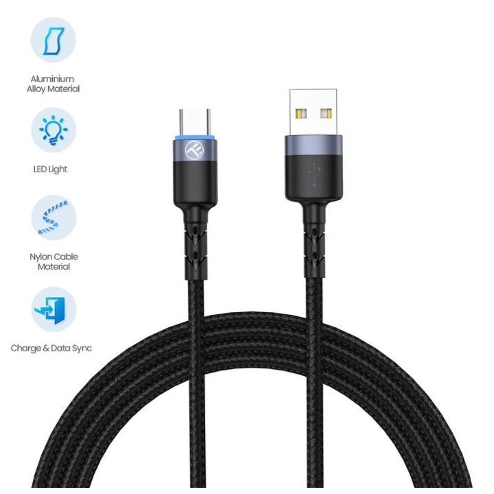 USB-A į USB-C LED įkrovimo ir duomenų kabelis, 1,2 m, juodas