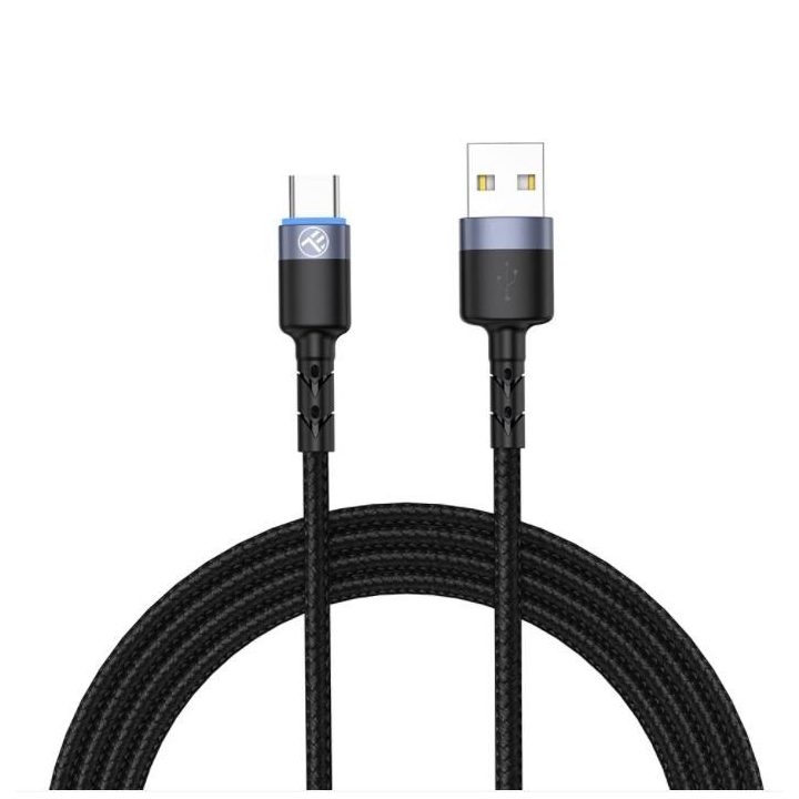 USB-A į USB-C LED įkrovimo ir duomenų kabelis, 1,2 m, juodas