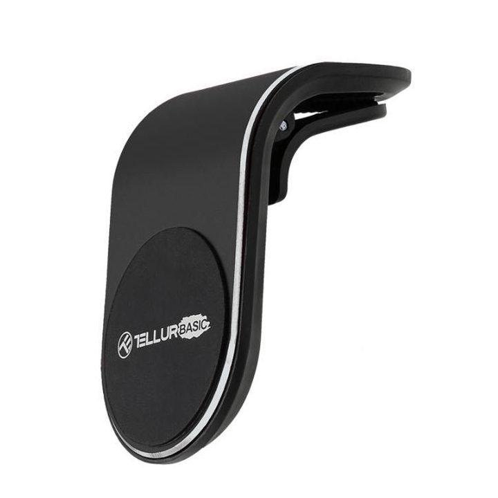 Juodas magnetinis automobilinis telefono laikiklis ventiliacijos grotelėms