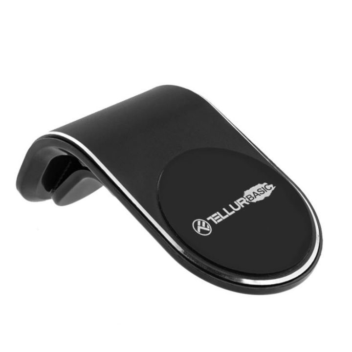 Juodas magnetinis automobilinis telefono laikiklis ventiliacijos grotelėms