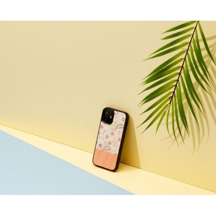 Telefono dėklas Apple iPhone 12 mini su rožinių gėlių raštu, juodas