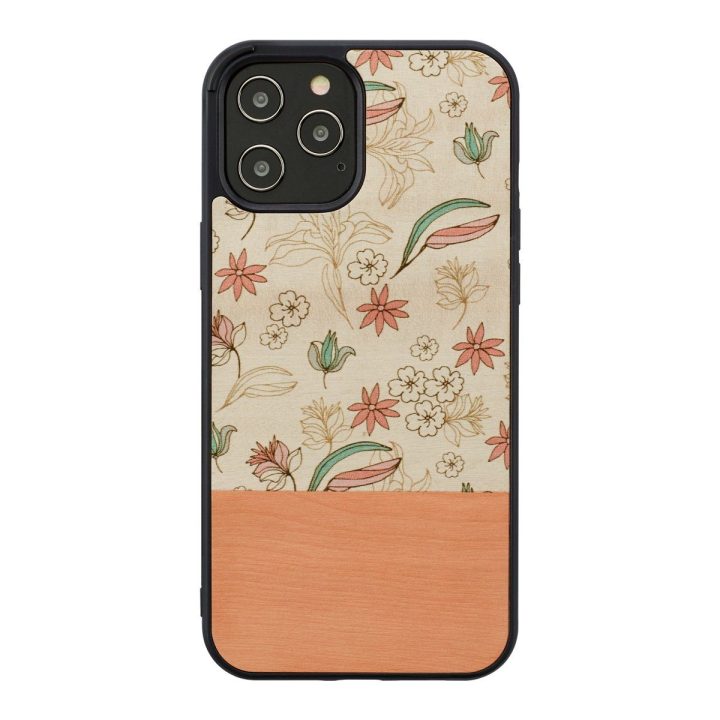 Telefono dėklas iPhone 12 / 12 Pro, juodas su rožinių gėlių raštu
