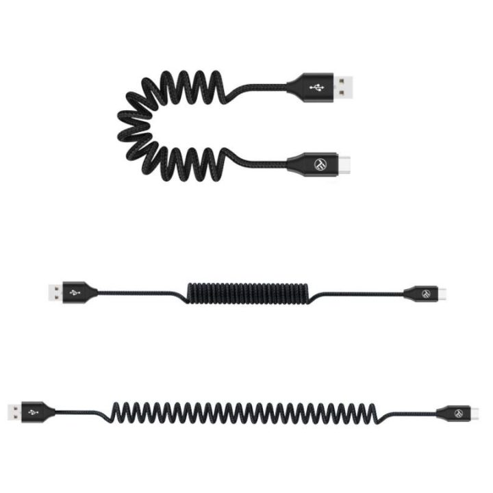 Išplečiamas USB-A–USB-C laidas, 3A, 1,8 m, juodas