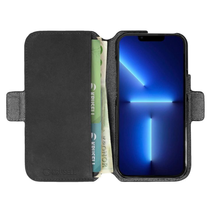 Juodas telefono dėklas–piniginė Apple iPhone 13 Pro Max