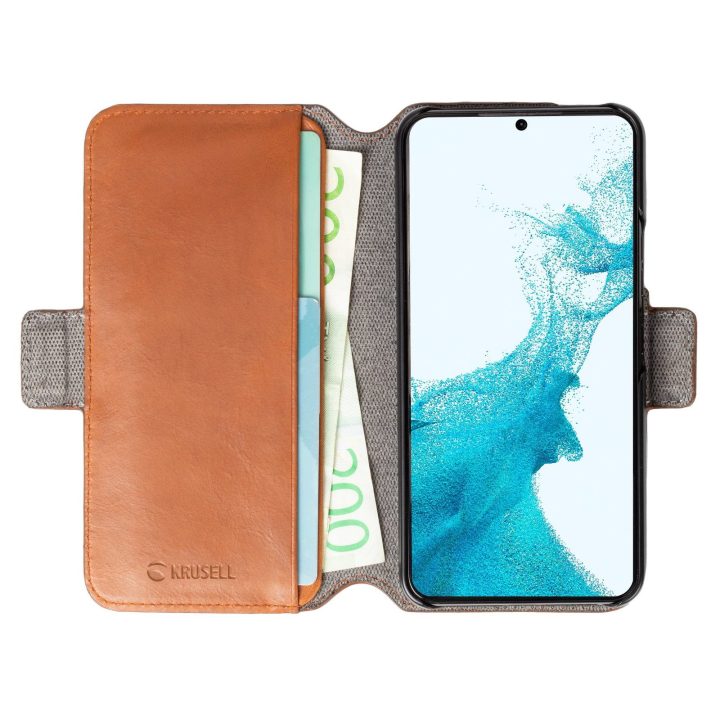 Samsung Galaxy S22+ odinė telefono piniginė, konjako
