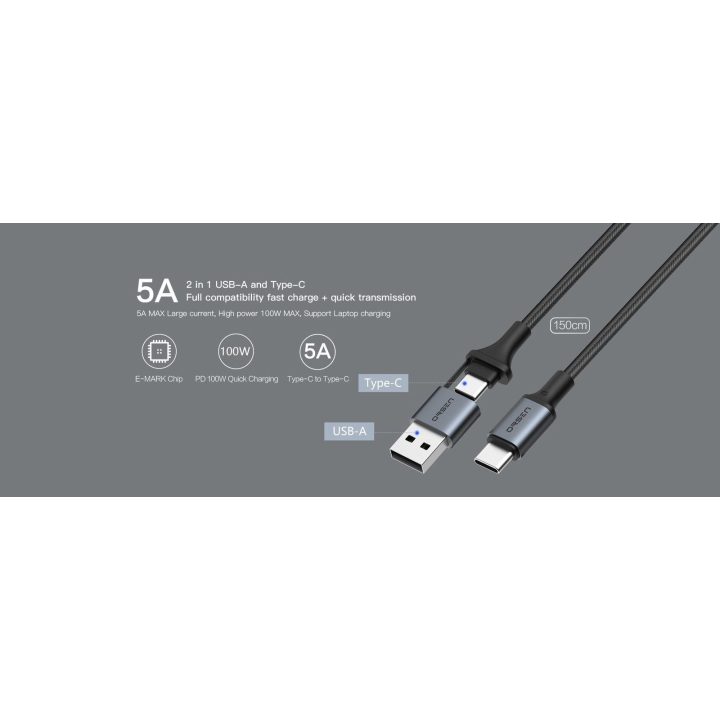 Juodas 2 viename USB ir Type-C įkrovimo laidas, 1,5 m
