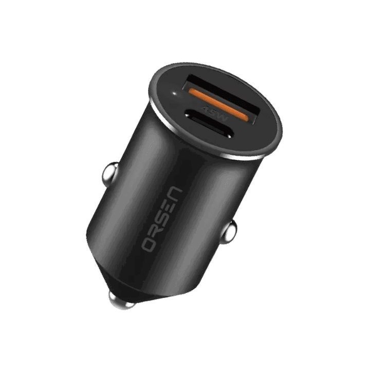 Juodas 45W mini automobilinis įkroviklis Orsen C8