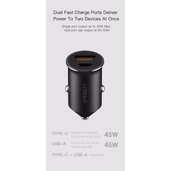 Juodas 45W mini automobilinis įkroviklis Orsen C8