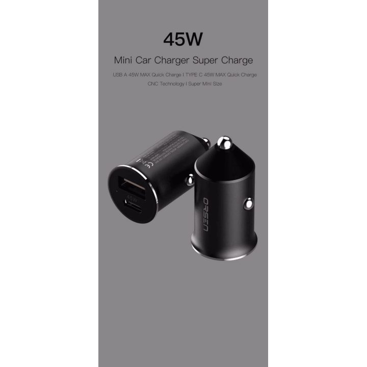 Juodas 45W mini automobilinis įkroviklis Orsen C8