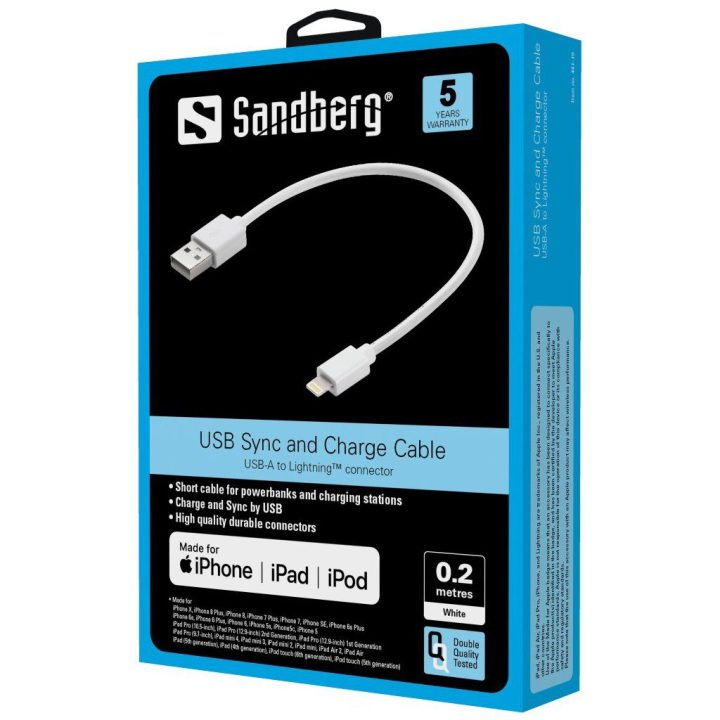 Sandberg USB–Lightning MFi įkrovimo ir sinchronizavimo kabelis 0,2 m, baltas