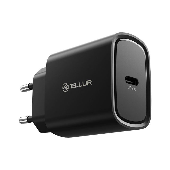 Juodas 20 W USB-C PD sieninis įkroviklis Tellur