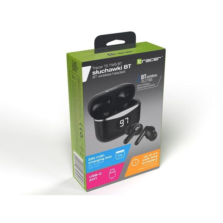Juodos belaidės TWS ausinės su mikrofonu Tracer 47215 T5