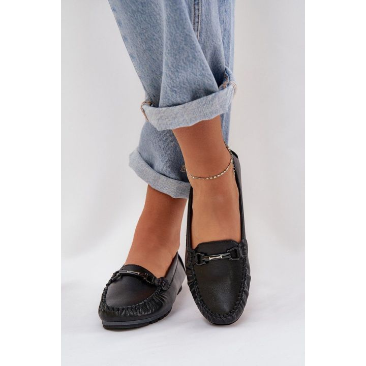 Odiniai moteriški mokasinai su puošmena, juodi – S.Barski