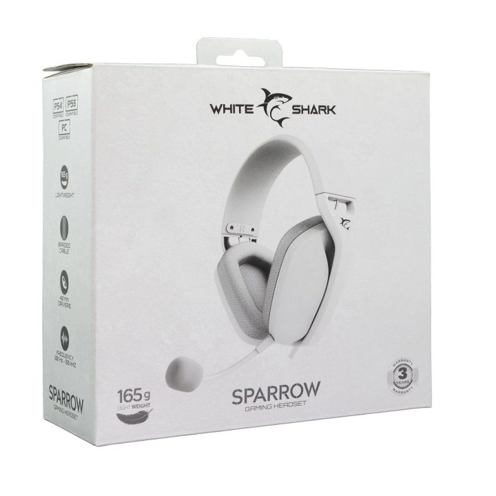 Baltos White Shark SPARROW žaidimų ausinės su nuimamu mikrofonu