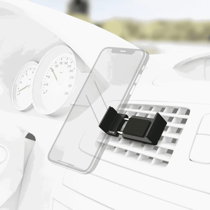 Juodas automobilinis telefono laikiklis ventiliacijos grotelėms