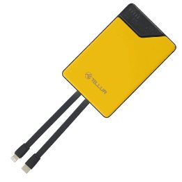 Geltonas 10 000 mAh power bankas su integruotais USB-C ir Lightning laidais