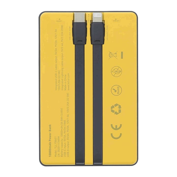 Geltonas 10 000 mAh power bankas su integruotais USB-C ir Lightning laidais
