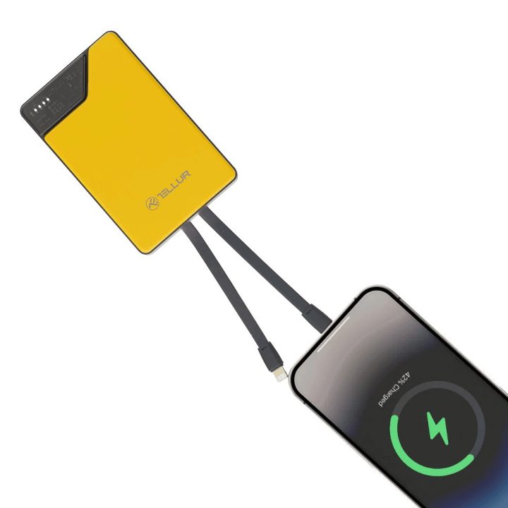 Geltonas 10 000 mAh power bankas su integruotais USB-C ir Lightning laidais