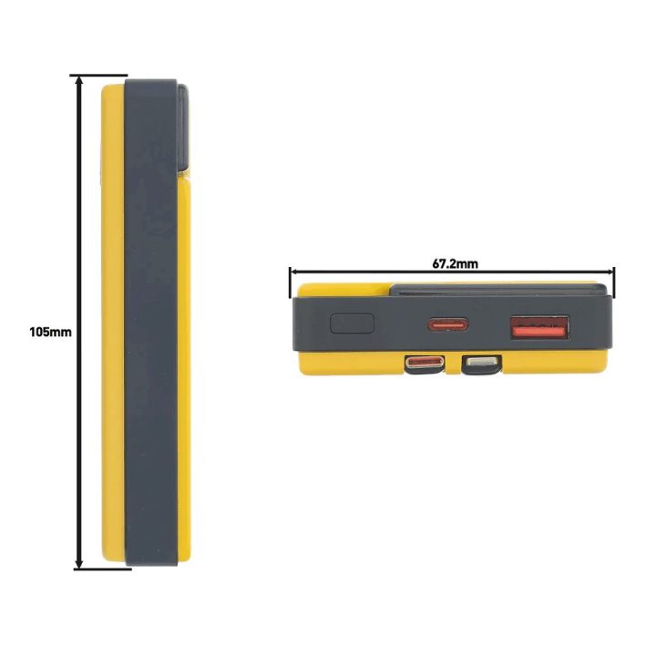 Geltonas 10 000 mAh power bankas su integruotais USB-C ir Lightning laidais