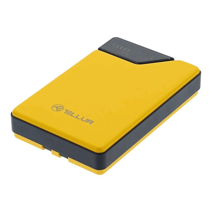 Geltonas 10 000 mAh power bankas su integruotais USB-C ir Lightning laidais