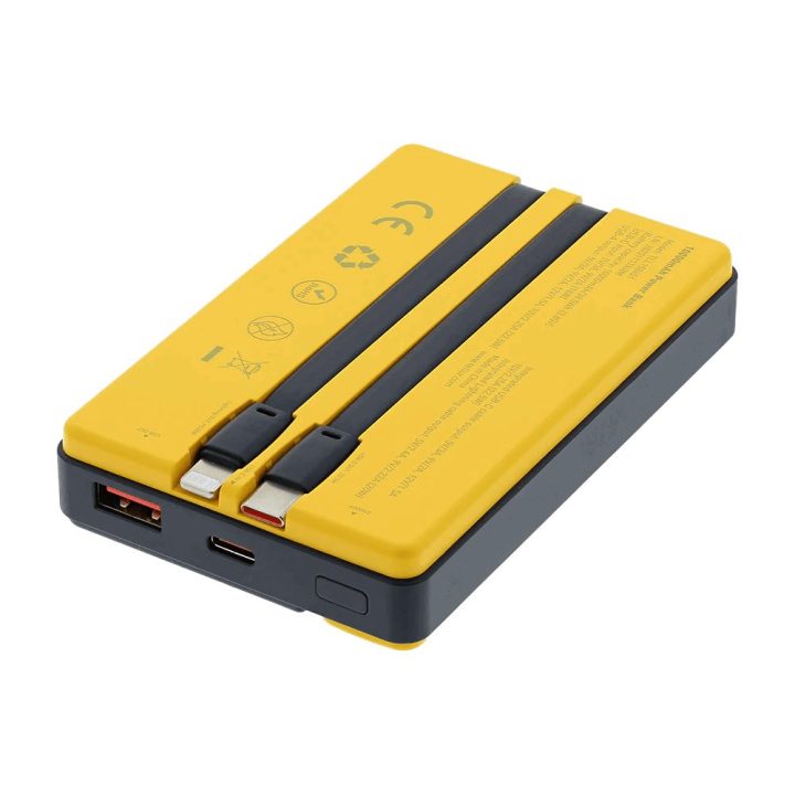 Geltonas 10 000 mAh power bankas su integruotais USB-C ir Lightning laidais
