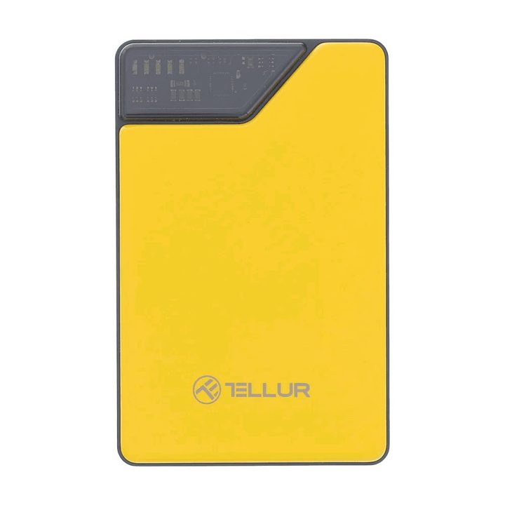 Geltonas 10 000 mAh power bankas su integruotais USB-C ir Lightning laidais