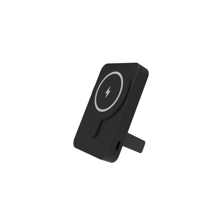 Juodas 5000 mAh powerbankas su belaidžio įkrovimo stovu