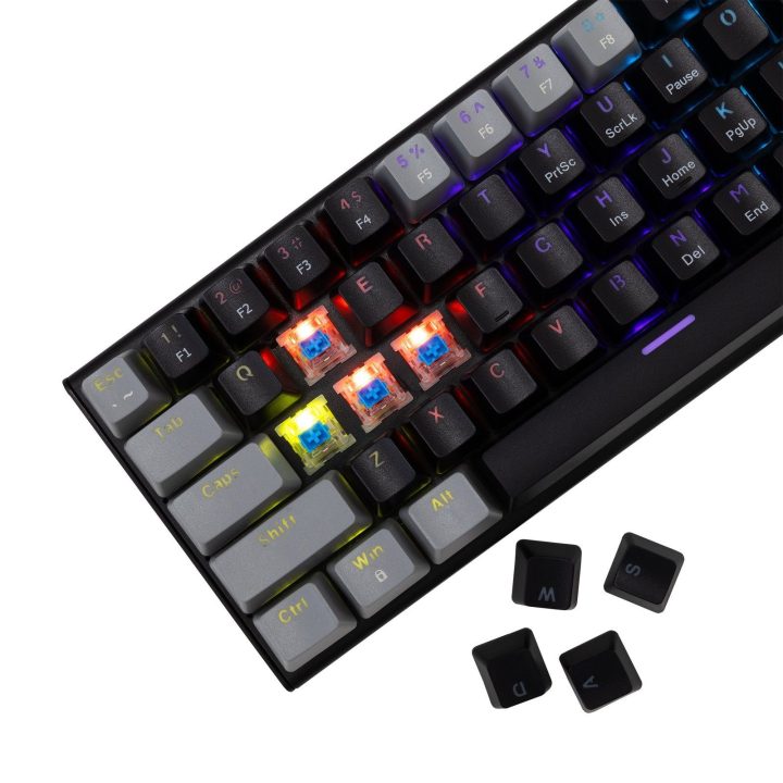 63 klavišų mechaninė žaidimų klaviatūra su mėlynais jungikliais ir anti-ghosting