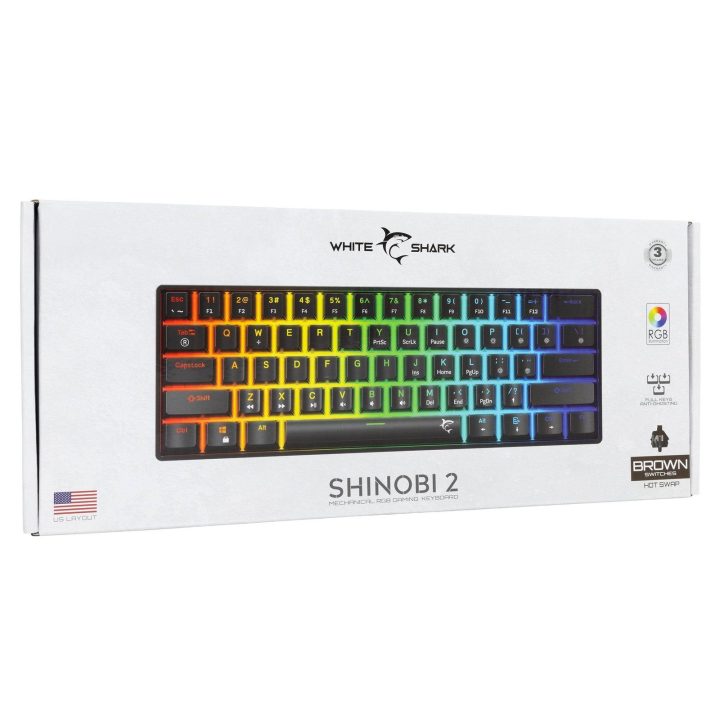 Mechaninė žaidimų klaviatūra White Shark Shinobi 2 su rudais jungikliais, juoda, US