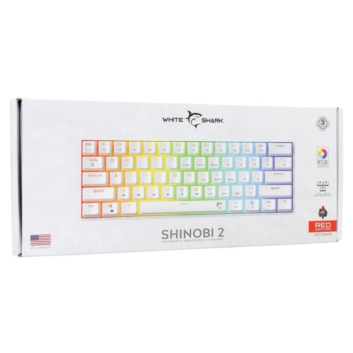 Mechaninė žaidimų klaviatūra White Shark Shinobi 2, raudoni jungikliai, balta, US išdėstymas