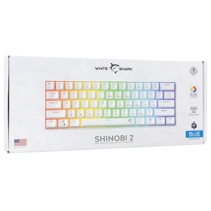 White Shark Shinobi 2 mechaninė žaidimų klaviatūra su mėlynais jungikliais, balta