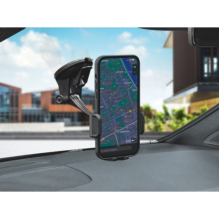 Juodas automobilinis telefono laikiklis su siurbtuku