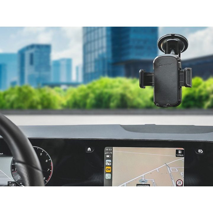 Juodas automobilinis telefono laikiklis su siurbtuku