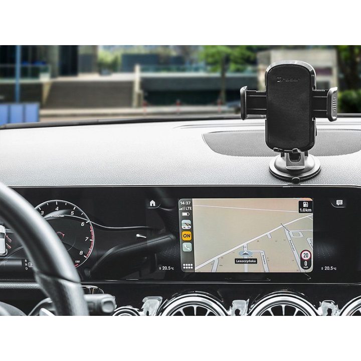 Juodas automobilinis telefono laikiklis su siurbtuku