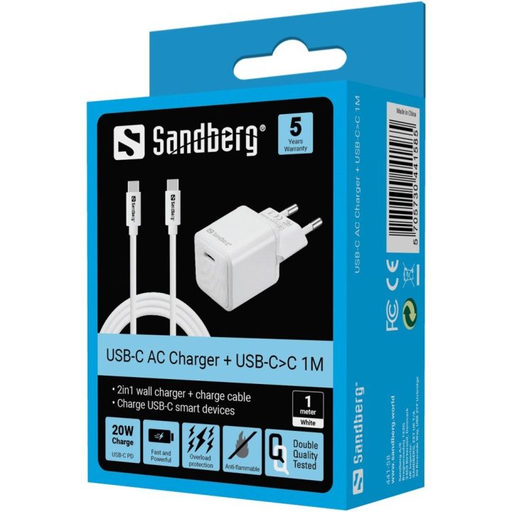 USB-C 20 W sieninis įkroviklis su 1 m laidu