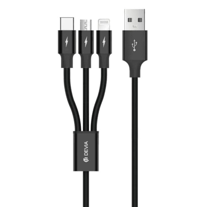 3-in-1 įkrovimo laidas USB į Lightning, MicroUSB ir Type-C, 1,2 m, juodas